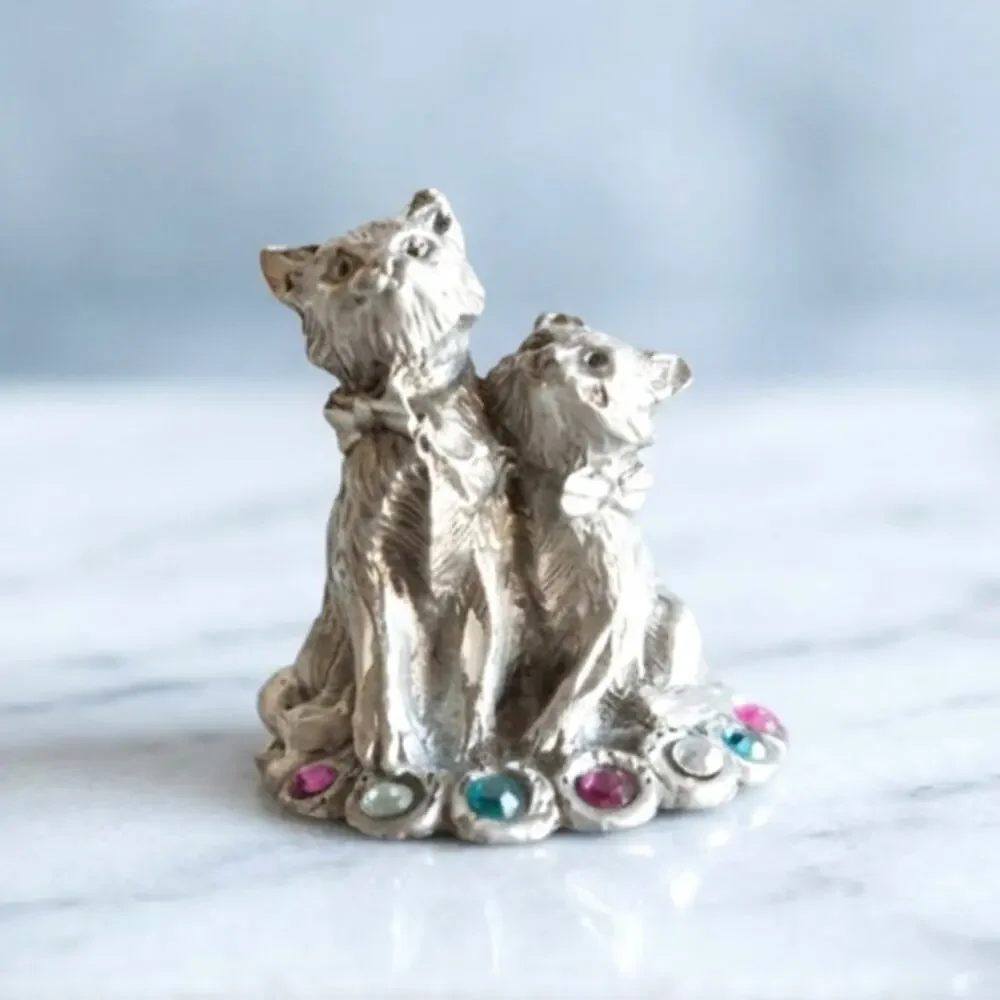 Vintage Jay Craft Pewter Kittens Figurine 1994 Jeweled Rhinestone Mini Cat